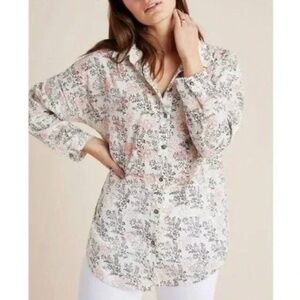 Anthropologie Embroidered Floral Relaxed Button-Up Shirt Medium/Large
